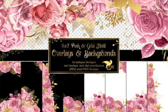 Pink and Gold Floral Digital Overlays