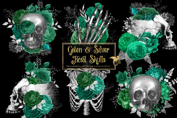 The Creative Power of Green and Silver Floral Skulls Clipart